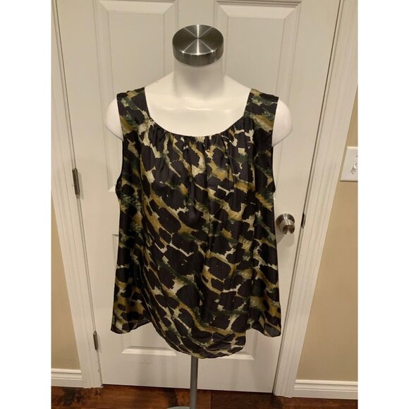 Lafayette 148 Black & Green Brushstroke Print, 100% Silk Sleeveless Top, Size 14 - Picture 1 of 7